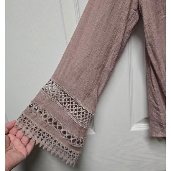 By Together Boho Lace Wrap Blouse Blush Pink Long Sleeve Crochet Trim Womens MED - Picture 4 of 7